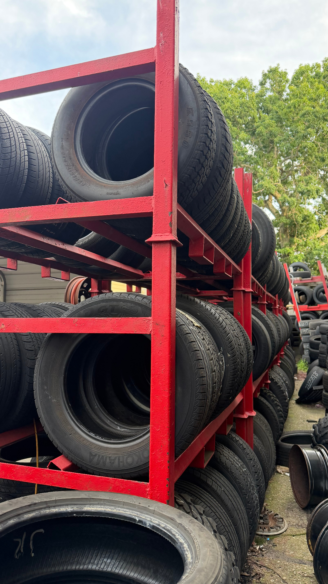 Racks of used tires for cars and trucks